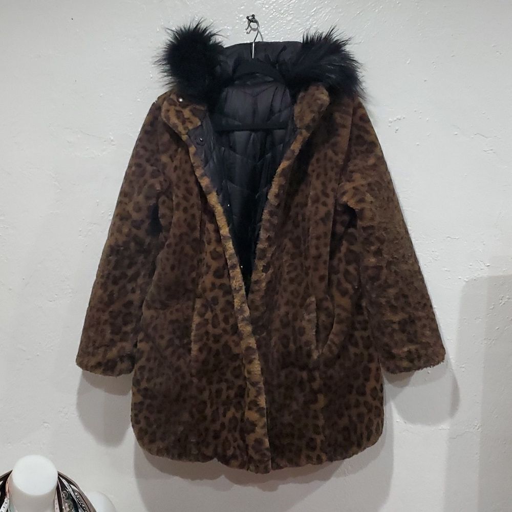 Reversible Dennis Basso Coat - Black Puffer & Faux Fur Leapord Print Size XXS - Picture 13 of 16